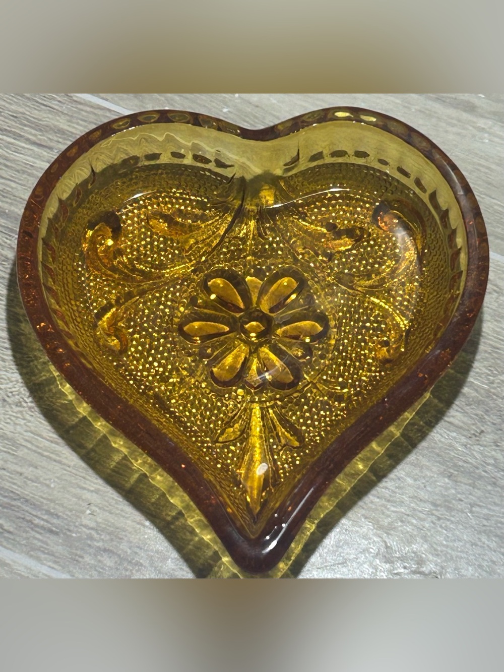 Vintage Tiara Amber Glass “Sandwich” Heart Trinket Dish